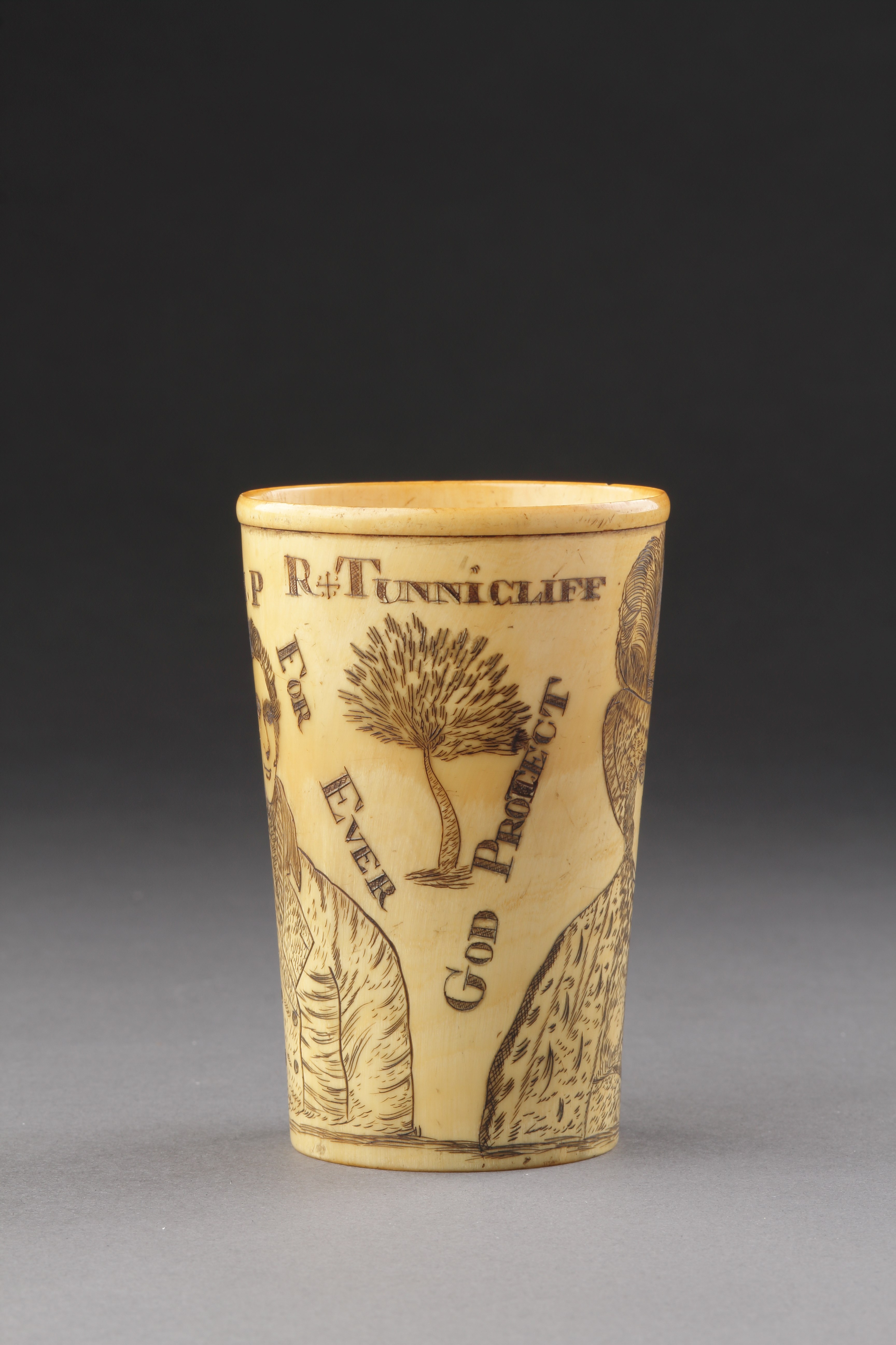 A Folk Art Engraved Blonde Horn Beaker Titled: ‘R Tunnicliffe’ 